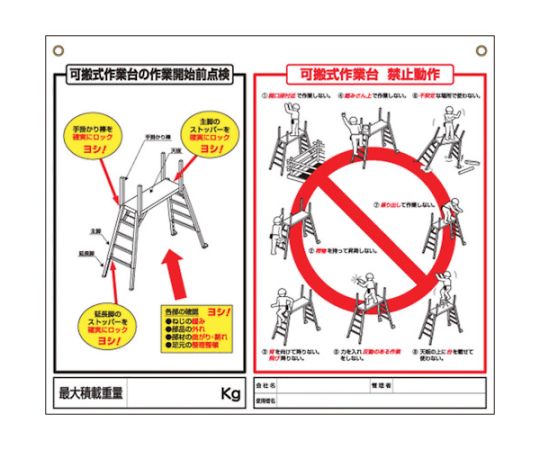 標識　「可搬式作業台の点検項目、禁止動作」