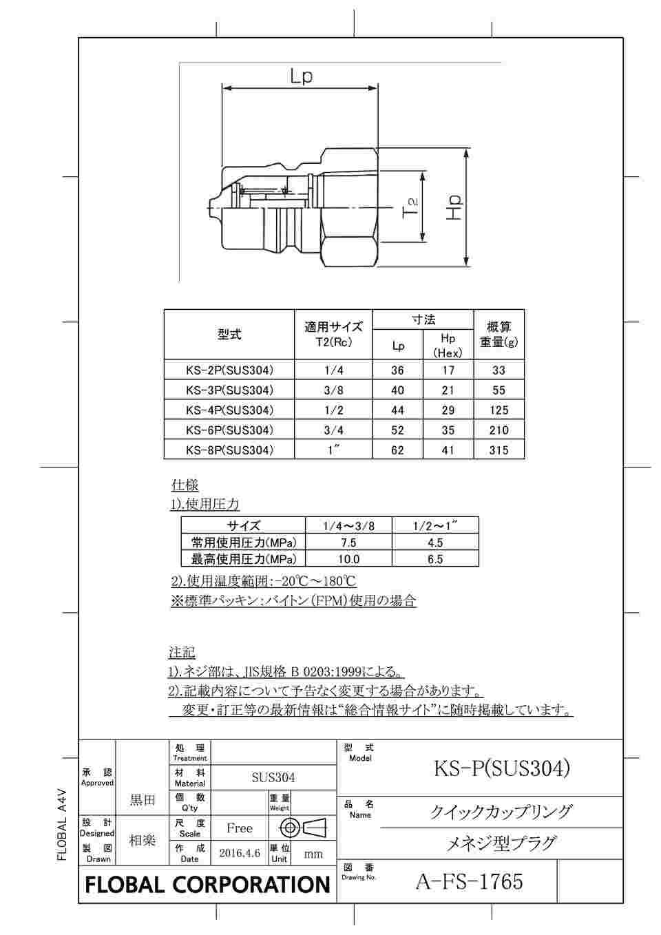 FLOBAL フローバル 両路開閉型クイックカップリング KS-6P(SUS304