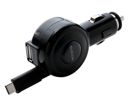 車載充電器(3A・巻取りType-C&USB) ブラック