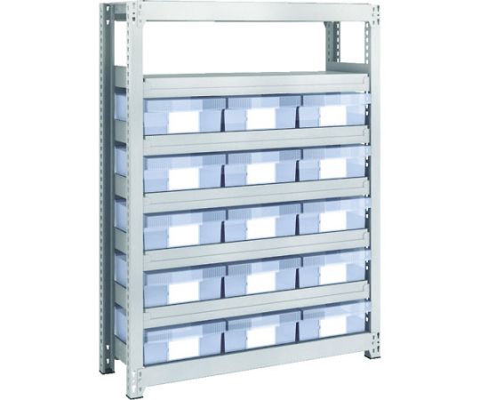 スチール製軽中量ボルトレス棚 M2型 樹脂透明引出付 W860×D300×H1200 大×15