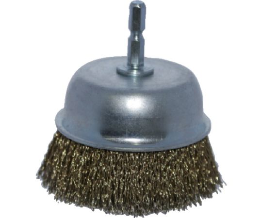 軸付カップブラシ　Φ75X軸6.35　真鍮メッキ鋼線　0.25線