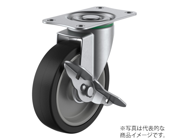 SUS-E-S型キャスター 自在車プレート式（ストッパー付） 径100mm ゴム車輪（ナイロンホイル）