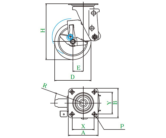 SHSKY-S型キャスター 自在車プレート式（ストッパー付） 径125mm ゴム車輪（ナイロンホイル）