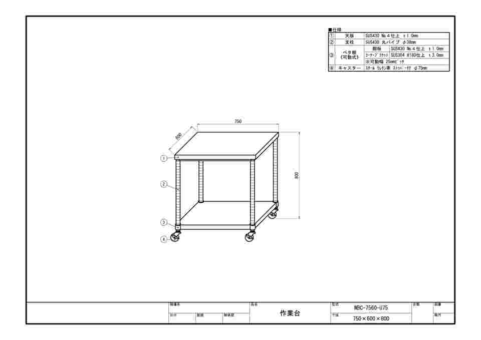 63-1271-68 ステンレス作業台 ベタ棚 キャスター付 WBC-6060-U75-
