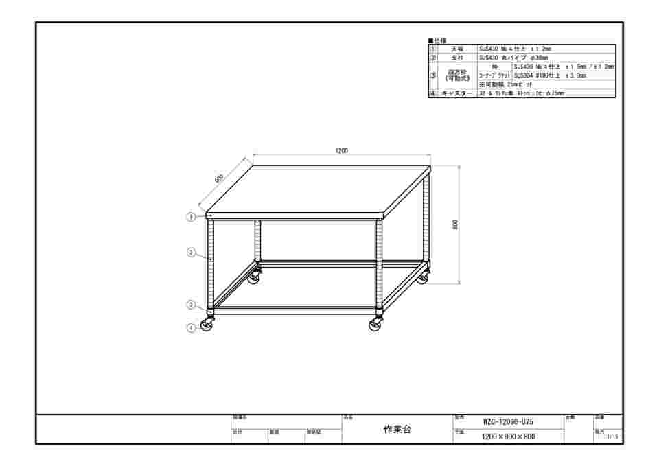 シンコー ステンレス作業台四方枠キャスター付 間口１２００×奥行