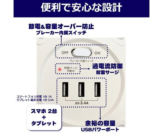 63-3417-95 耐雷丸形6P 2m USBタップ WLS-LS602RUSB(W)