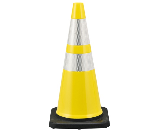 コーン 黄/白反射シート PVCコーン-YH 高さ：710mm ベース：360mm角 高輝度反射タイプ PVC製
