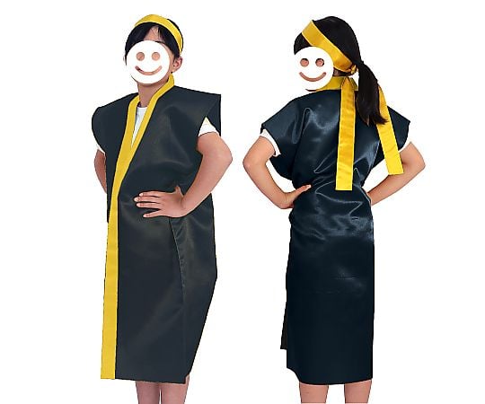 サテンロングハッピ黒（襟金）　S　ハチマキ金付