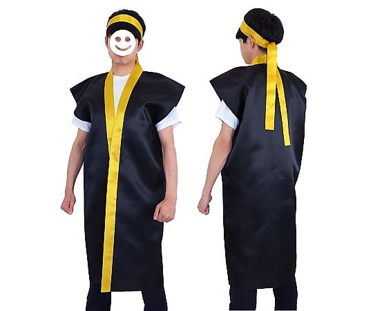 サテンロングハッピ黒（襟金）　L　ハチマキ金付