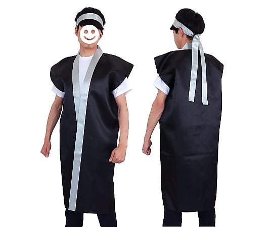 サテンロングハッピ黒（襟銀）　L　ハチマキ銀付