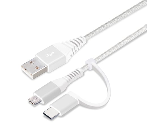 変換コネクタ付き　2in1　USBタフケーブル（Type-C＆micro　USB）　15cm　ホワイト＆シルバー