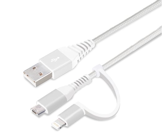 変換コネクタ付き　2in1　USBタフケーブル（Lightning＆micro　USB）　15cm　ホワイト＆シルバー