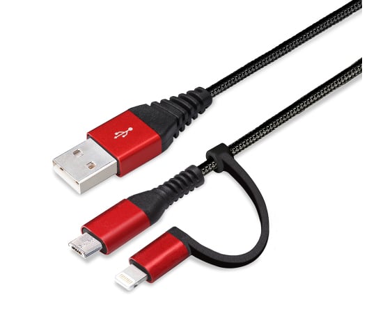 変換コネクタ付き　2in1　USBタフケーブル（Lightning＆micro　USB）　1m　レッド＆ブラック