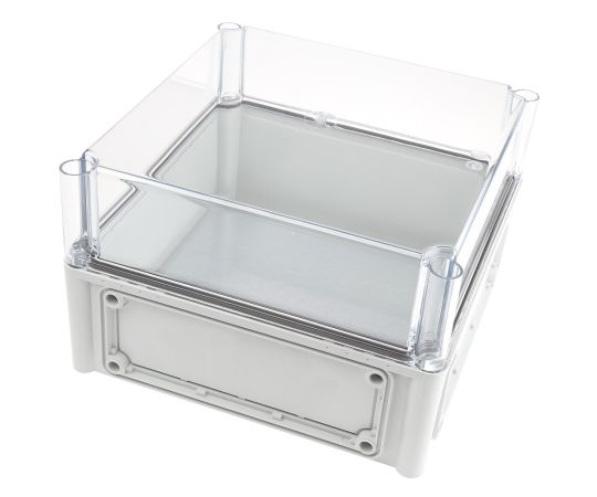 ポリカーボネートケース　取付け部品付　ポリカーボネイト　280　x　280　x　180mm　グレー透明