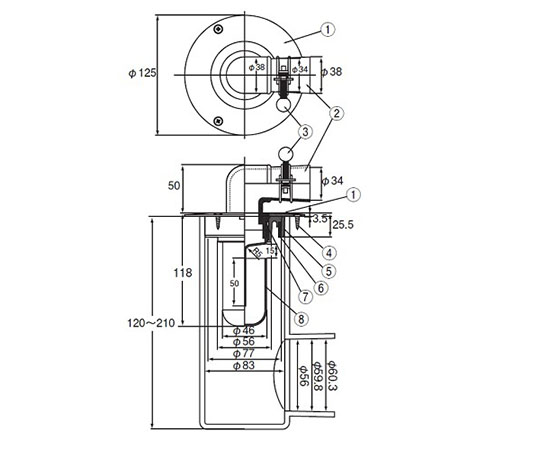 スーパートラップ付洗濯機用床排水金具　75VP・VU兼用（D-ZL付）　DZL-STCB3-PU