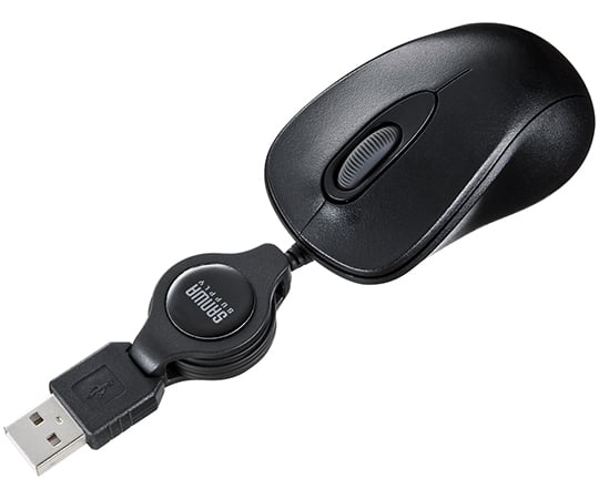 ケーブル巻取り光学式マウス　ブラック