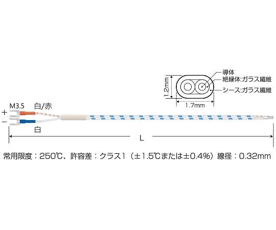 温度センサー【熱電対K】デュープレックス（先端溶接）タイプ（クラス1　ガラス被覆）　TH-8296-5