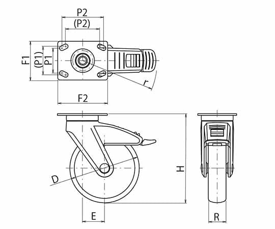 医療機器用デザインキャスター　単輪φ125　プレート式　自在3wayストッパー付き　2.JKO.NBA