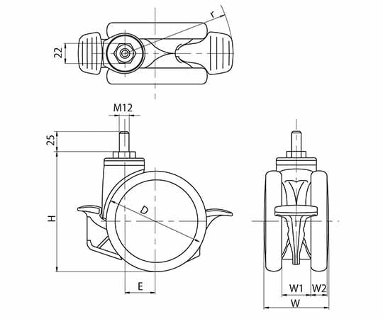 医療機器用デザインキャスター　双輪φ125　ねじ式M12　自在ストッパー付き　前後ダブルペダル　4.TTA.DP3