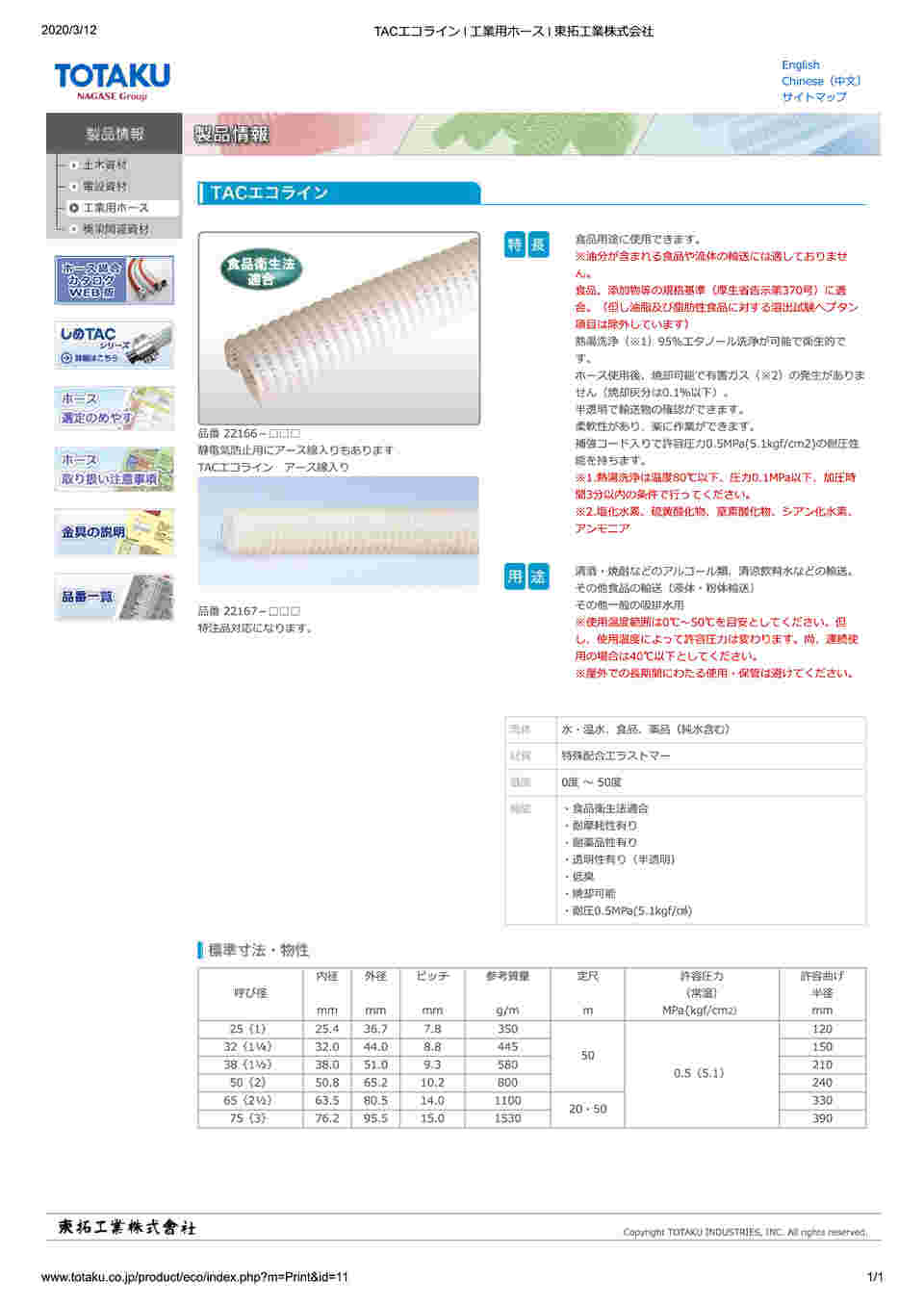 64-3921-21 TACエコライン φ65 カット 1m（切売） 22166-065 【AXEL