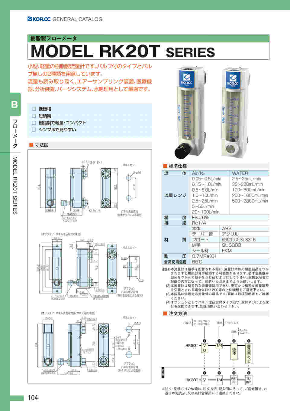 64-4260-41 樹脂製フローメータ MODEL RK20T SERIES RK20T-O-1/4-AIR