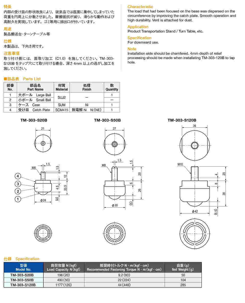 64-5096-92 ボールキャスター（ボルト型排出口付） TM-303-S120B