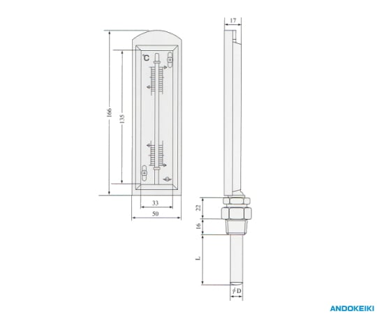 64-5230-51 平直型保護枠入温度計（標準直型） 0～120℃ BSBM保護管付 L