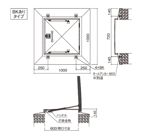 64-5240-81 鍵付らくらくハッチ 3段式 600mm角 BK付 ステンレス OMK