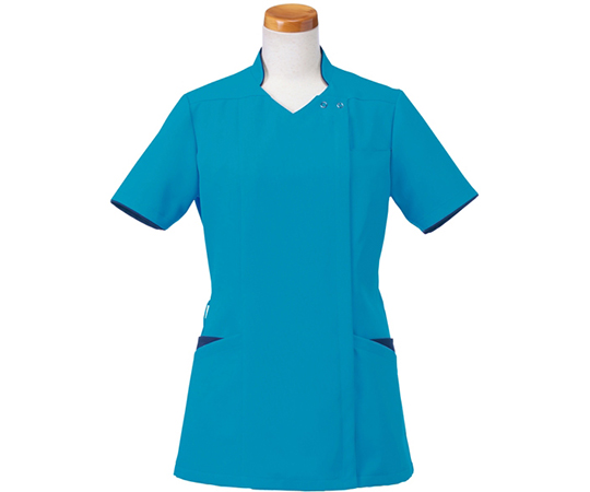 半袖スクラブジャケット（レディース）　ターコイズ×ネイビー　M