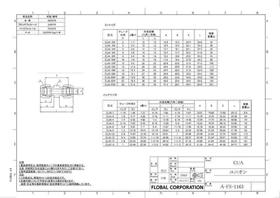 64-6467-36 チューブ継手 ユニオン インチサイズ CUA-4 【AXEL】 アズワン