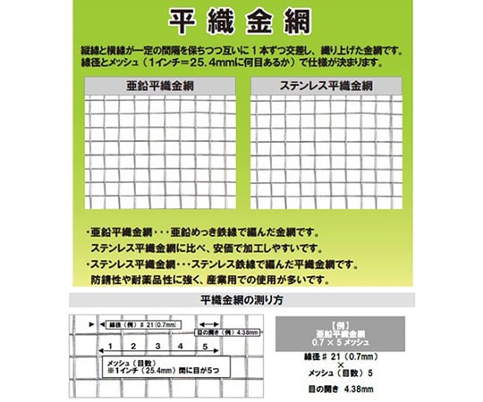 亜鉛引平織金網 線径：0.7mm / メッシュ：5 巾：455mm × 長さ：30m