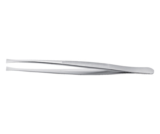 耐酸耐磁ステンレスピンセット　120mm　先平細型タイプ・ハンドルギザ付