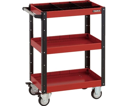 イーグルワゴン 600X400XH880 深型3段 1段仕切板付 ウレタン車輪 レッド/ブラック