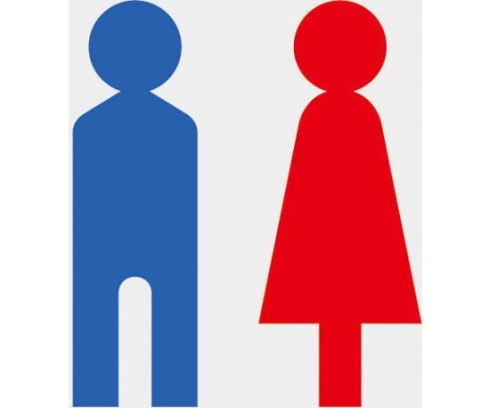 マークステッカー　100×100　「トイレ」マーク　透明地　青/赤文字　1枚入