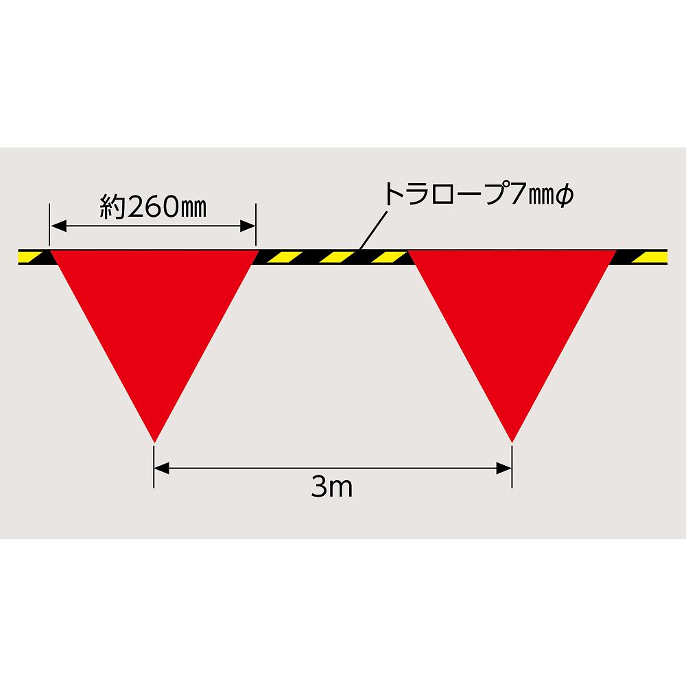 三角旗付標識ロープ（トラロープ）　赤無地タイプ　200　7mmΦ×100m（300×260mm三角）　281200