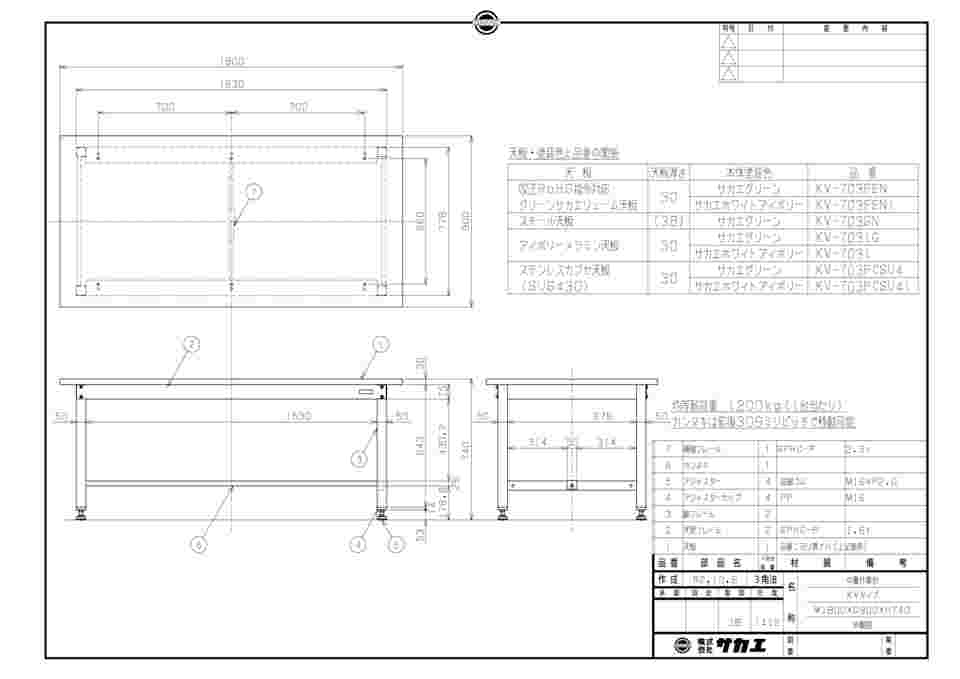 64-9486-52 中量作業台KVタイプ W1800×D900×H740mm KV-703FENI 【AXEL