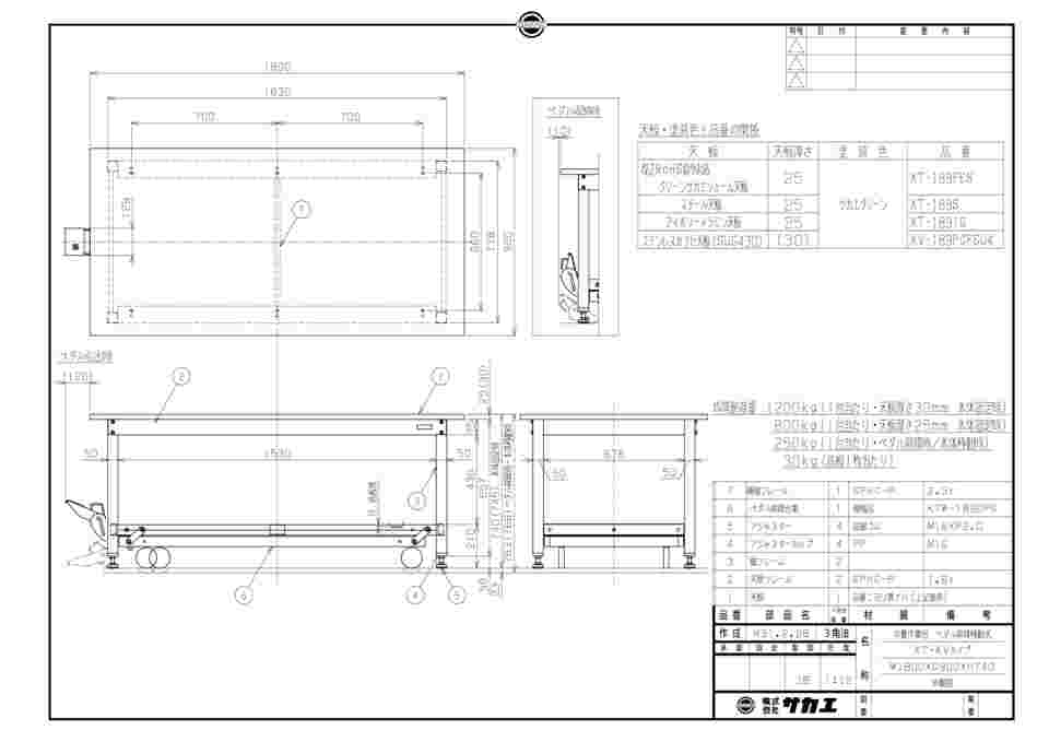 64-9487-37 中量作業台KTタイプ（ペダル昇降移動式） W1800×D900