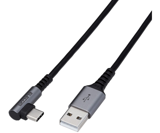 Type-C/USB-Cケーブル　スマホ用　USB（A-C）　認証品　L字コネクタ　抗菌・抗ウイルス　2.0m　ブラック