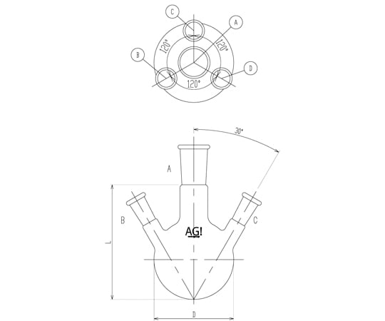 旭製作所 四ツ口フラスコ 200mL 24/40・15/35 1個 3112-200-4L2L-