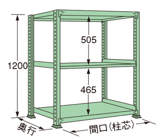 65-1728-81 中量ラック グリーン 3段 単体 荷重300kg/段 1200×1200