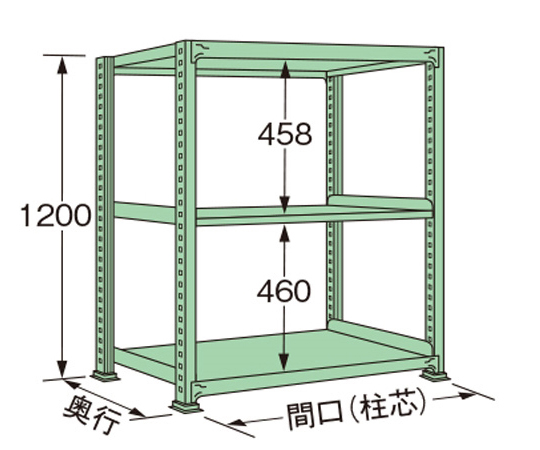 65-1728-81 中量ラック グリーン 3段 単体 荷重300kg/段 1200×1200