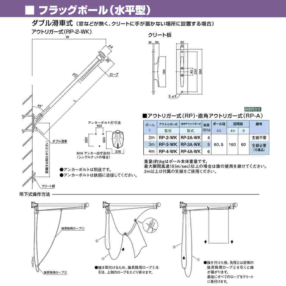 65-1802-08 フラッグポール 水平型 アウトリガーダブル滑車式 L2m RP-2