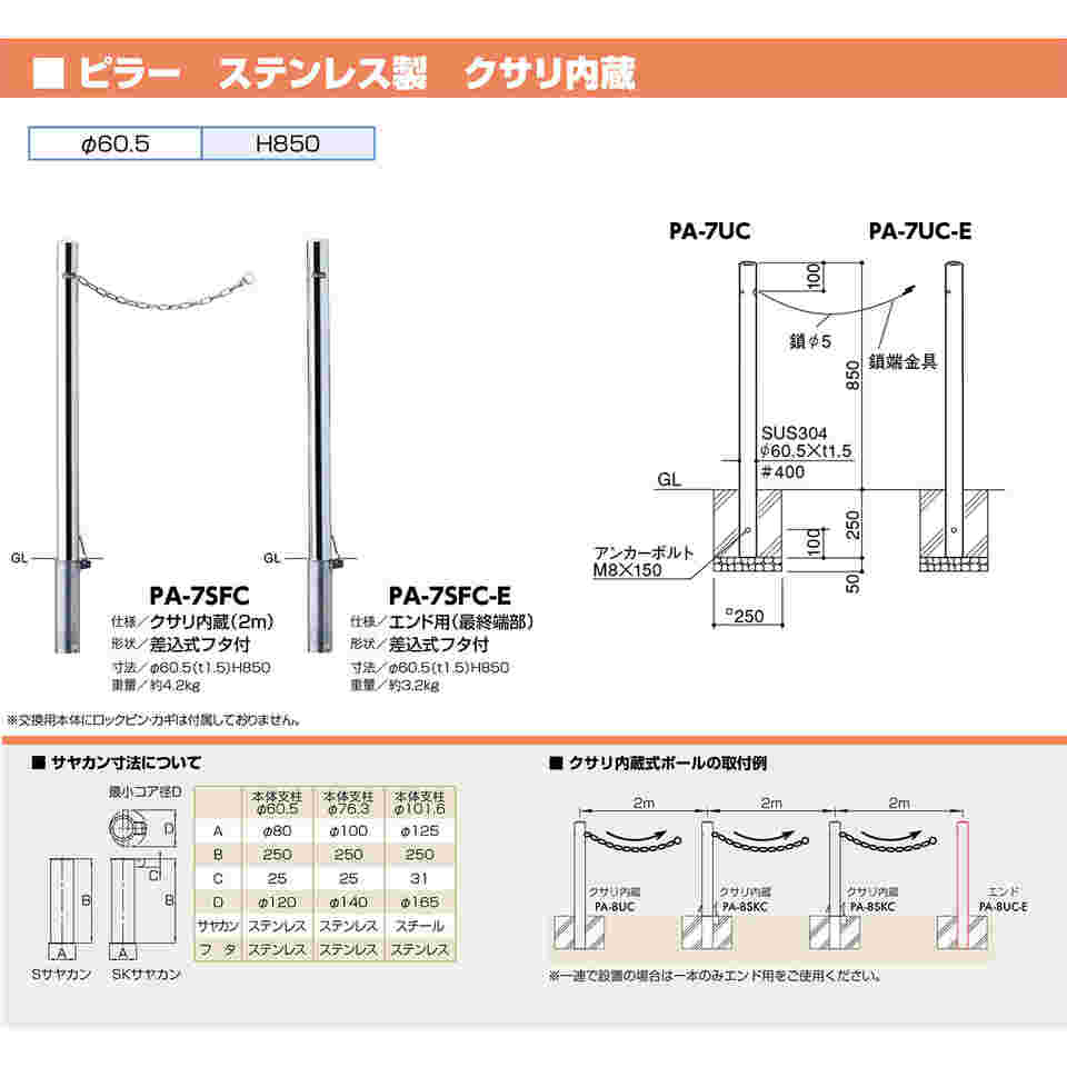 65-1804-47 ピラー 車止め ステンレス エンド用 差込式フタ付 φ60.5 PA