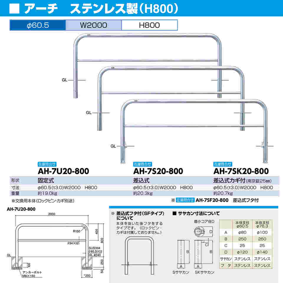 65-1808-08 ステンレス アーチ型車止め（横桟付）差込式フタ付 交換用