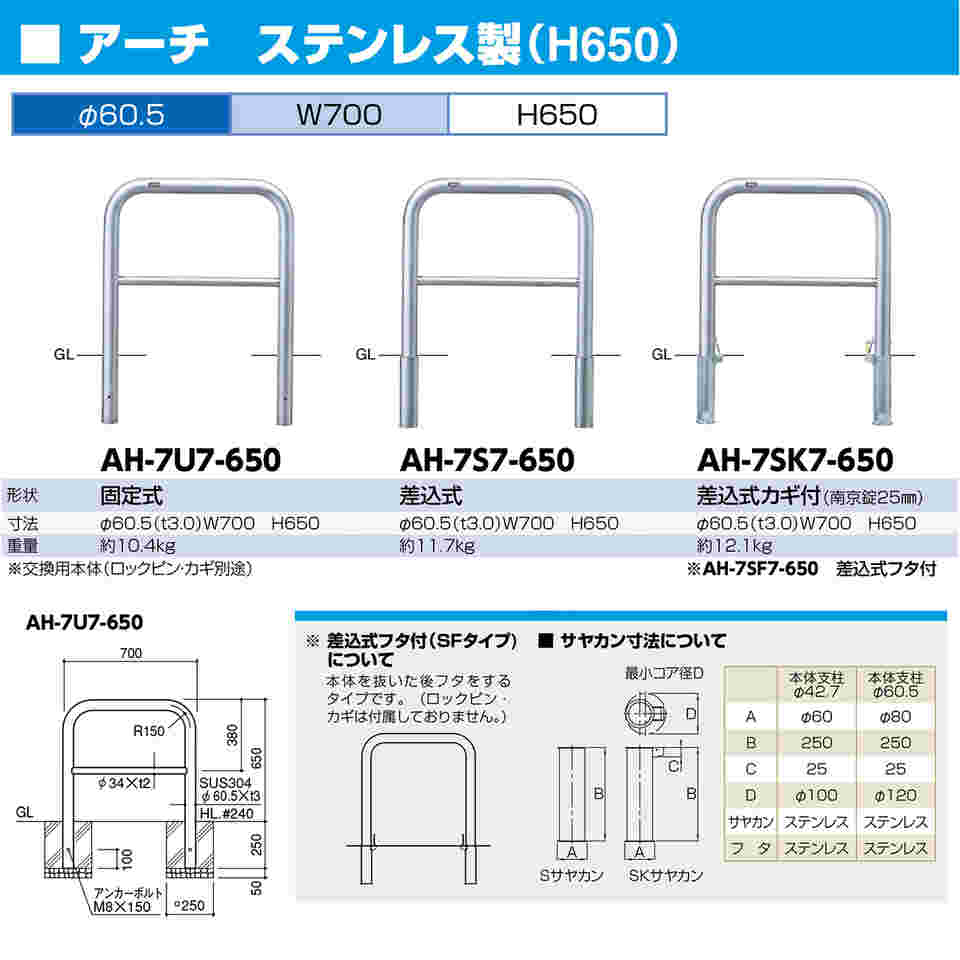 65-1808-12 ステンレス アーチ型車止め（横桟付）差込式フタ付 交換用