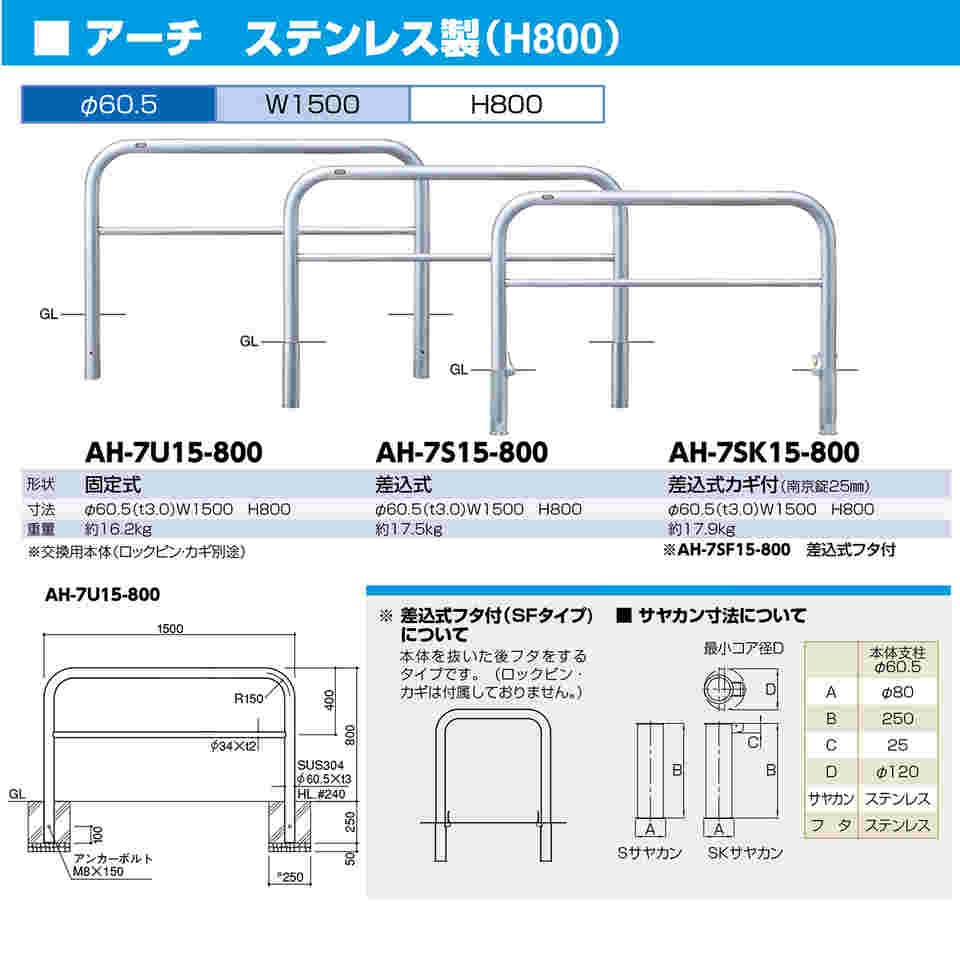 65-1808-86 ステンレス アーチ型車止め（横桟付）差込式 交換用本体