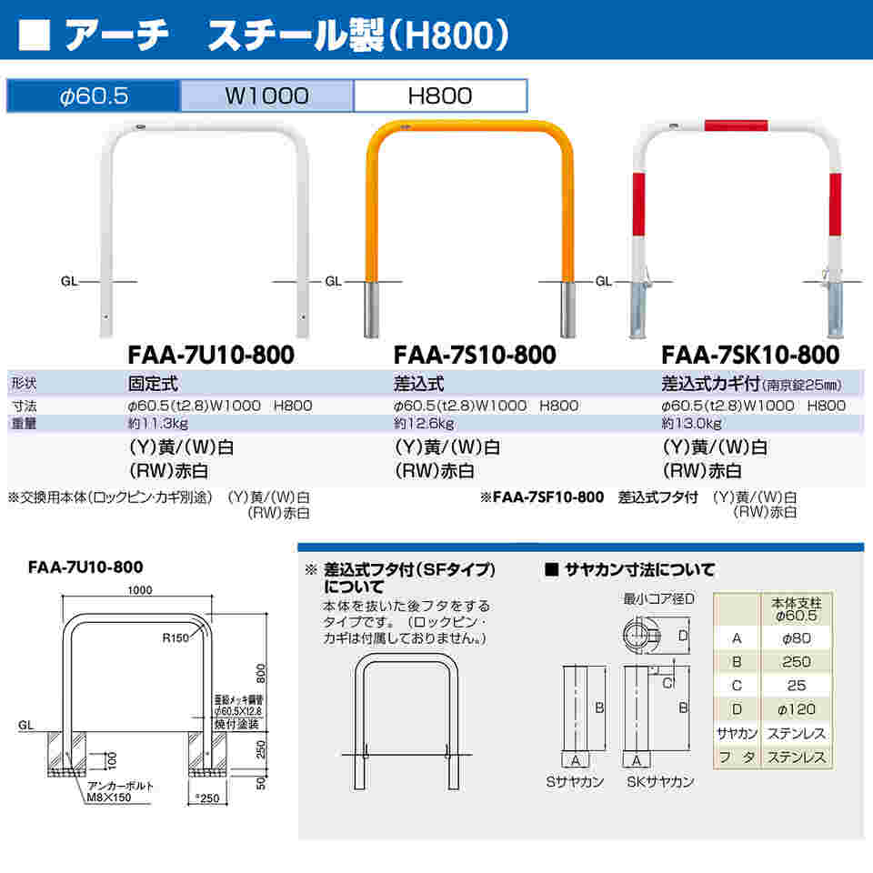 65-1819-81 スチール製 アーチ型車止め 差込式 交換用本体 φ60.5（t2.8