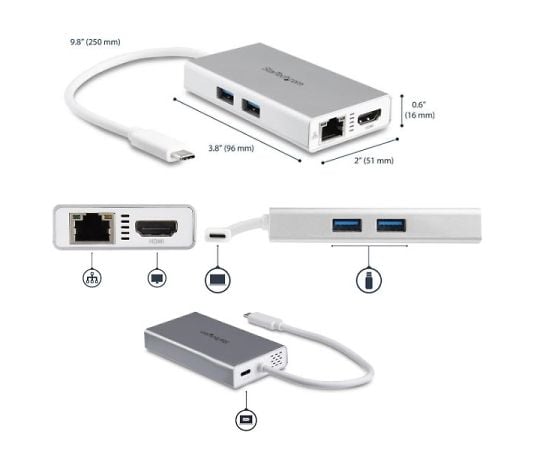 USB Type-C マルチポートアダプター - 4K シングルモニタ対応（HDMI）/60W USB PD/2x USB-A  3.0ハブ/GbE/USB Type-Cハブ ノートPC 用ポータブルミニドック/Mac＆Windows対応/ホワイト　DKT30CHPDW