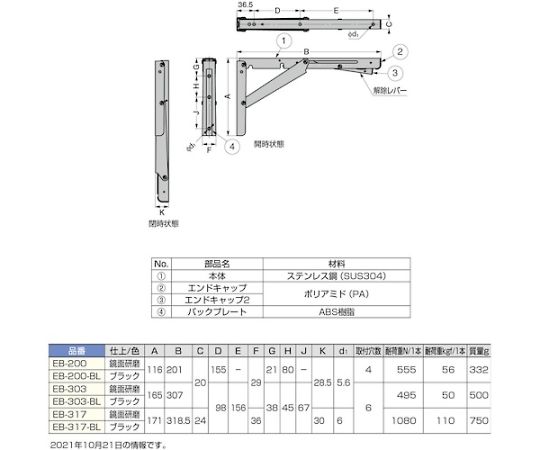 65-1993-15 （120039844）ステンレス鋼製折りたたみ棚受 EB-303 【AXEL