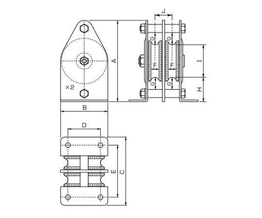 65-2313-55 縦型固定滑車（2車/メタル） 75mm/250kg EA987HS-43 【AXEL